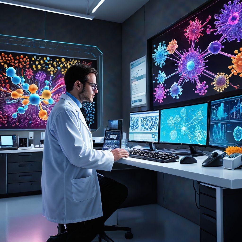 A dynamic and visually engaging landscape showcasing a scientist in a lab, surrounded by colorful molecular structures while examining a digital display of drug research data. In the background, a stylized transition from laboratory to a clinical setting with diverse patients, symbolizing the journey from discovery to real-world application. The scene is imbued with a sense of progress and hope, with vibrant colors and a futuristic touch. super-realistic. vibrant colors. digital art.
