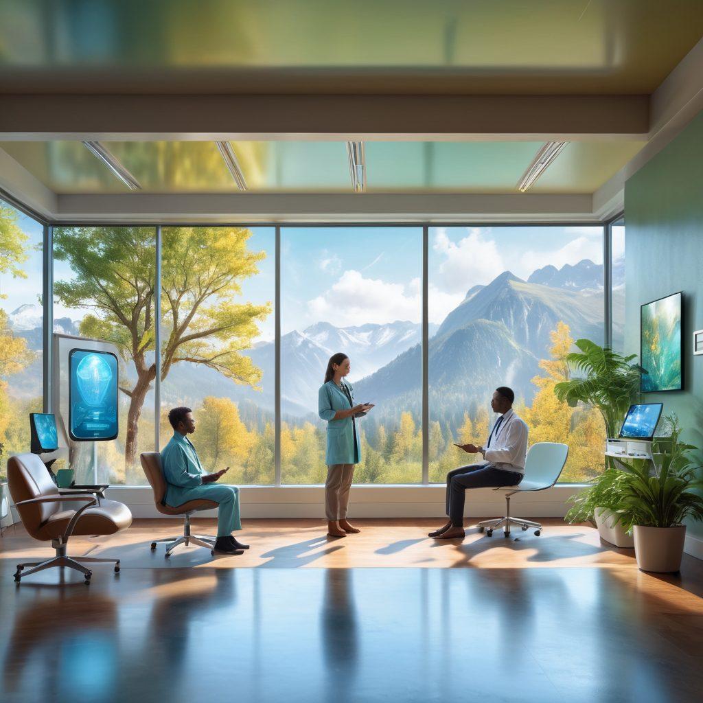 A futuristic doctor's office with advanced medical technology, featuring a holographic display showing health trends and wellness tips. In the foreground, a diverse group of people discussing their health journeys while holding smart devices. The background exhibits a calming nature scene through large windows, symbolizing the connection between health and the environment. super-realistic. vibrant colors. 3D.